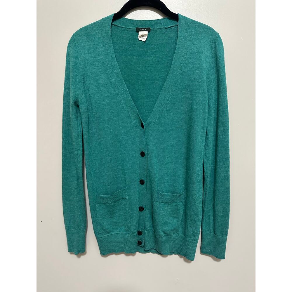 J Crew 100% Merino Wool Cardigan Sweater Women XS Green Grandpa Core 6 Button
